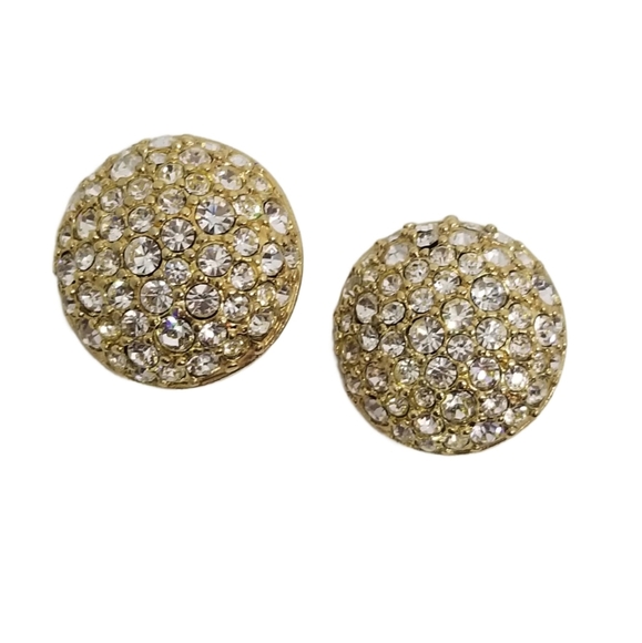 SWAROVSKI VINTAGE 1990s GOLDTONE & PAVE CRYSTAL ROUND CLIP ON EARRINGS - Picture 3 of 7